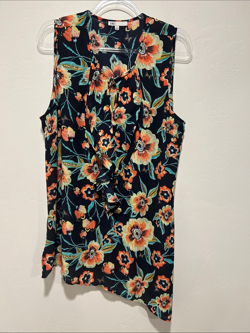 DR2 Daniel Rainn Floral Ruffle Blouse XL Sleeveless Asymmetrical Hem Keyhole Top